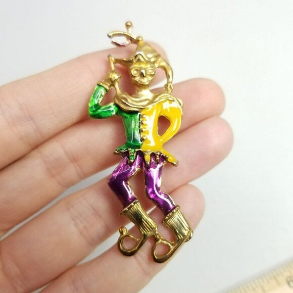 Vintage Court Jester Enamel Brooch, Yellow Green Purple Gold Tone Clown, Estate - Picture 7 of 7